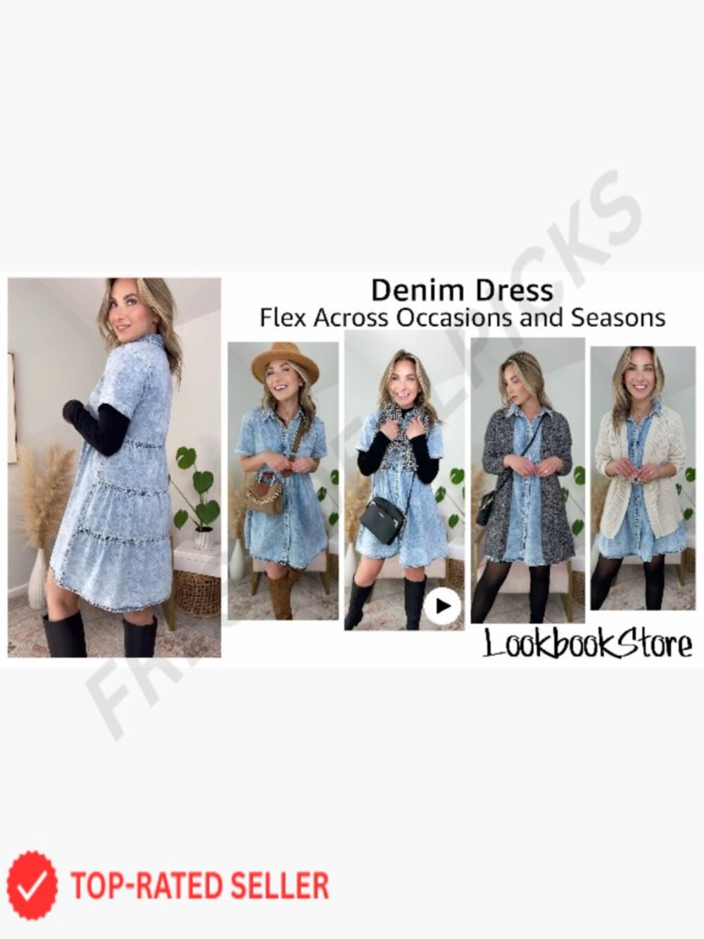 Denim Babydoll Dress Flowy Tiered Button Down Short Sleeve Casual Chic - Picture 5 of 7
